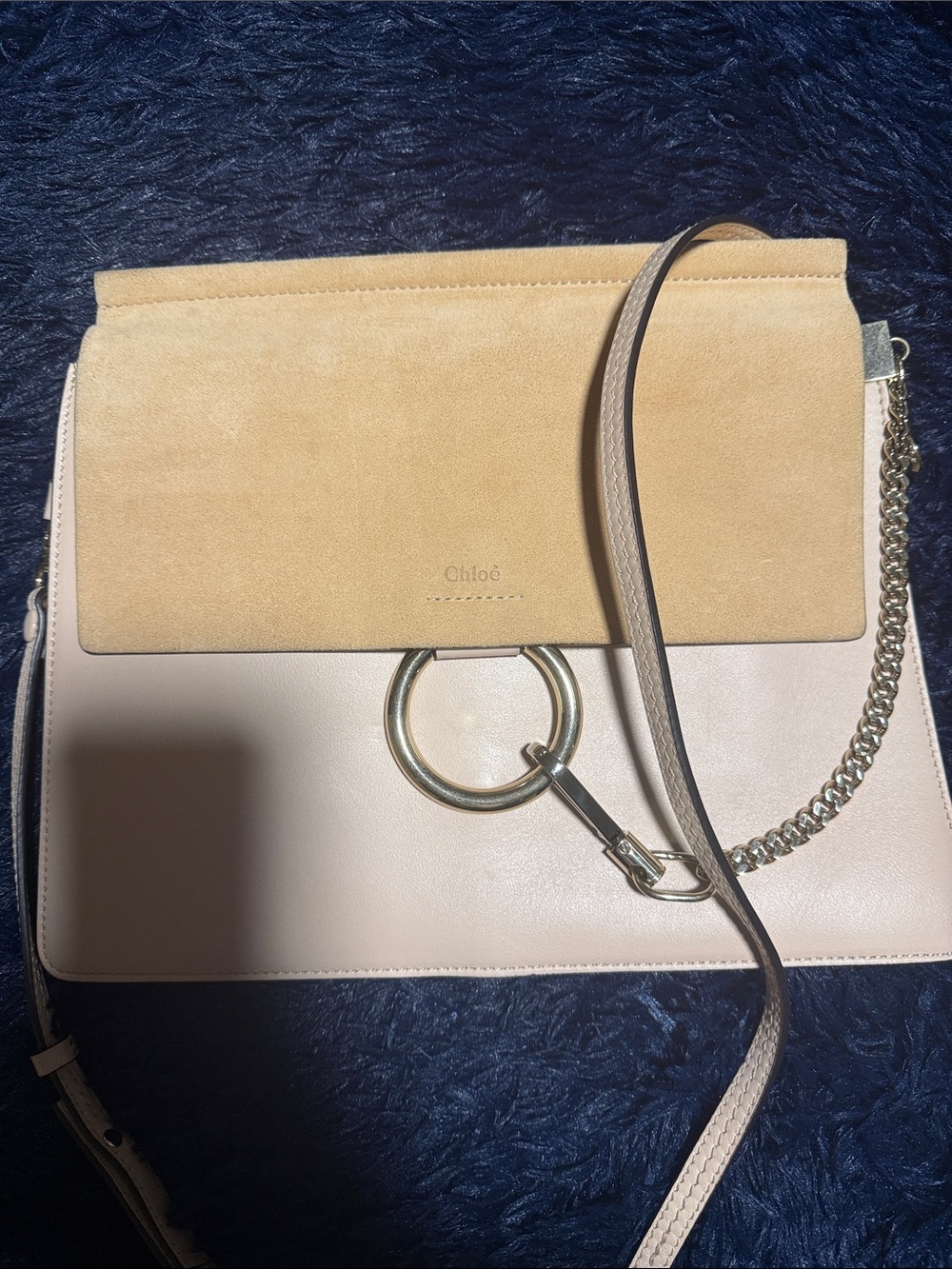 Chloé Two-Tone Beige Suede & Leather Crossbody Bag with Gold Ring
